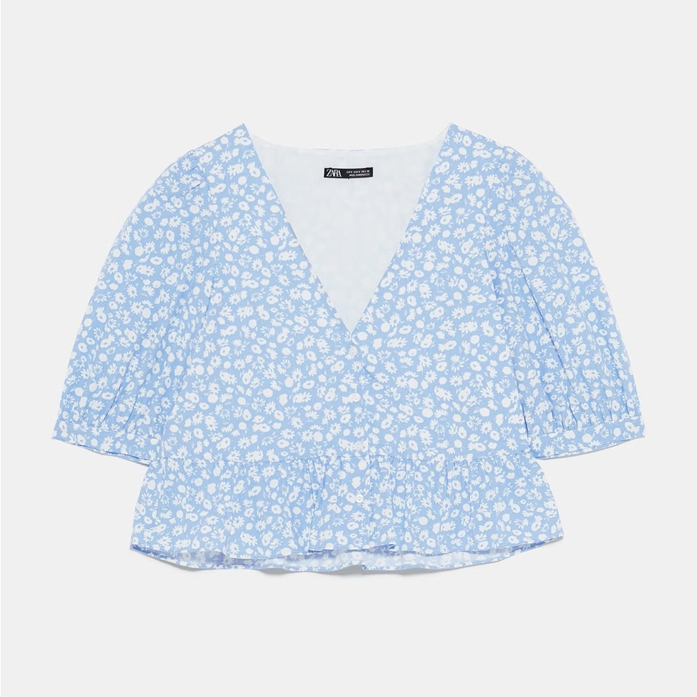 Zara Light Blue Floral Peplum Blouse
